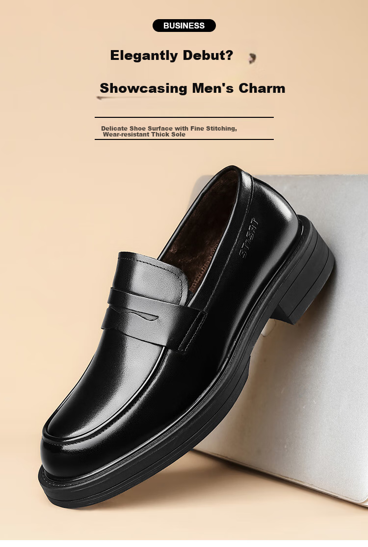 St&Sat Men's Shoes, Top-Grain Leather, Formal Business Dress Shoes, Versatile Slip-On Casual Leather Shoes for Men, Black, Size 43 8