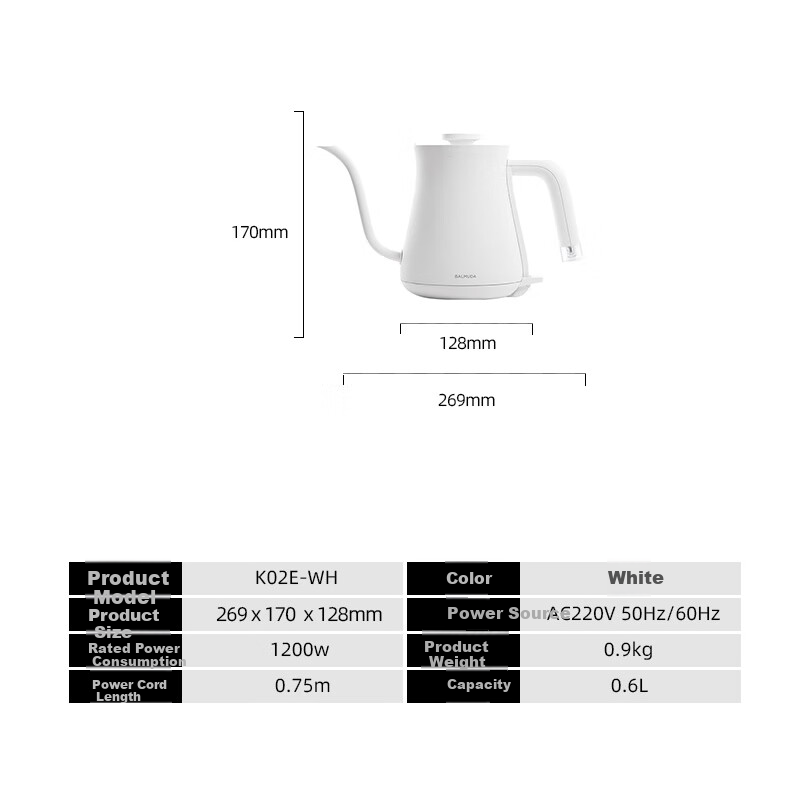 BALMUDA Electric Kettle, High-End Pour-Over Coffee Maker, 3-Minute Rapid Boiling, Stainless Steel Tea Infuser, Professional Barista Kettle, Recommended Gift, White