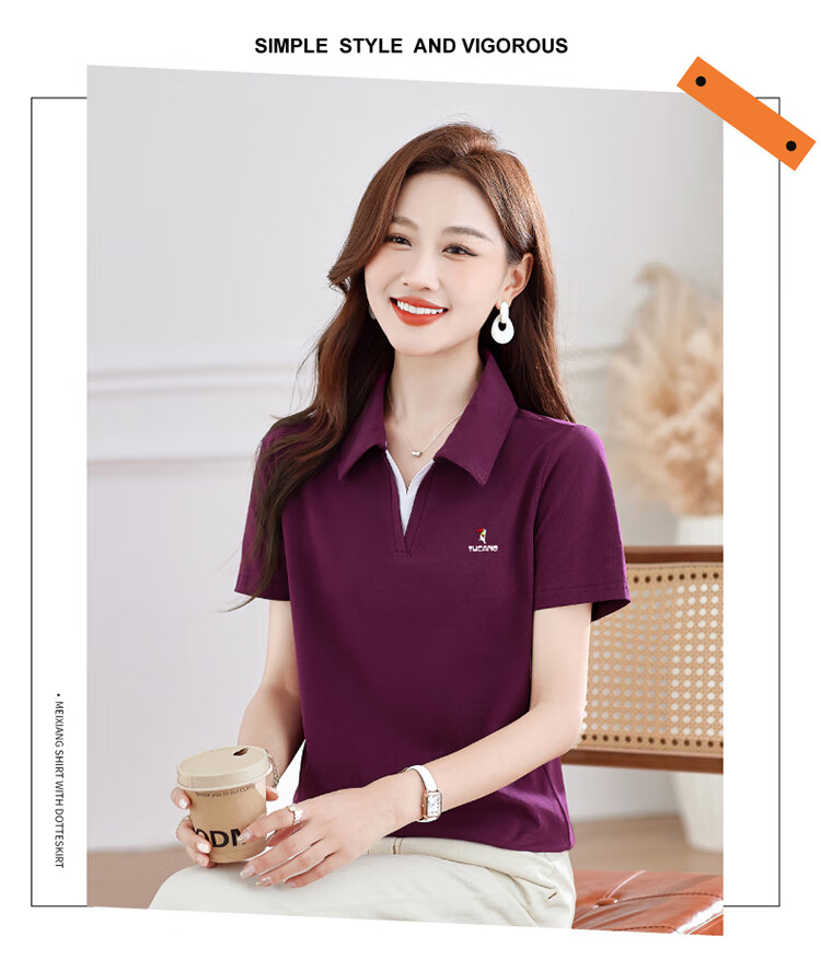TUCANO Women's Short Sleeve T-Shirt Summer New V-Neck Polo Shirt Pure Cotton Slim Fit Sports Casual Top Purple Red M 12