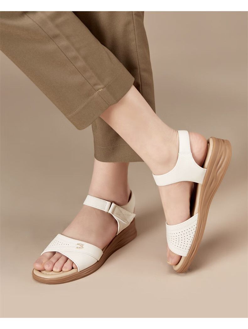 Eierkang Women's Summer Hollow Wedge Mary Jane Sandals Single Strap Middle-aged and Elderly Mom Shoes 49795W Off-white 38 6