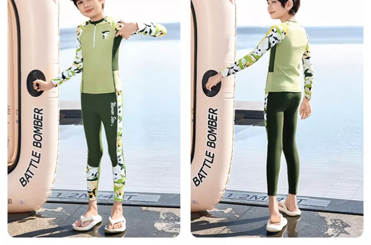 Huili Children's Swimwear, Boys' Two-Piece Long-Sleeve And Long Pants Set, for Travel And Play, Big Kids' Swimsuit 35242, Army Green, Size 110 12