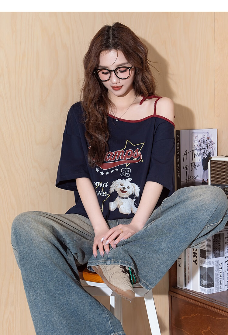 Tangshi 2025 Summer Women's American Style Color-Block One-Shoulder Printed Short Sleeve T-Shirt 3