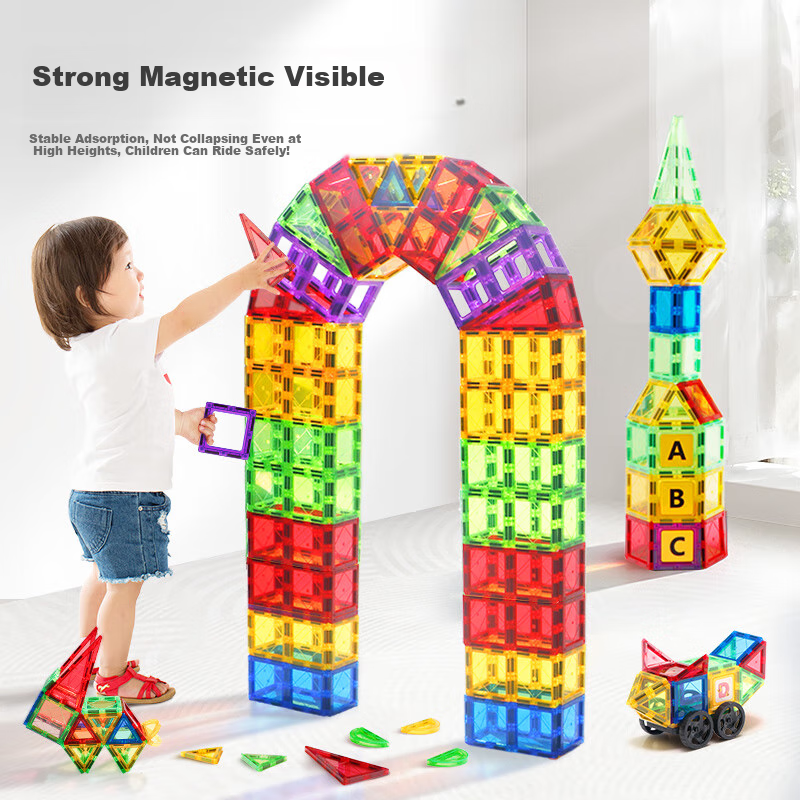 MAGPLAYER Colorful Window Magnetic Tiles, Children's Magnetic Toy Building Blocks with Wheels, Birthday Gift for Boys Aged 3-6, 288 Pieces