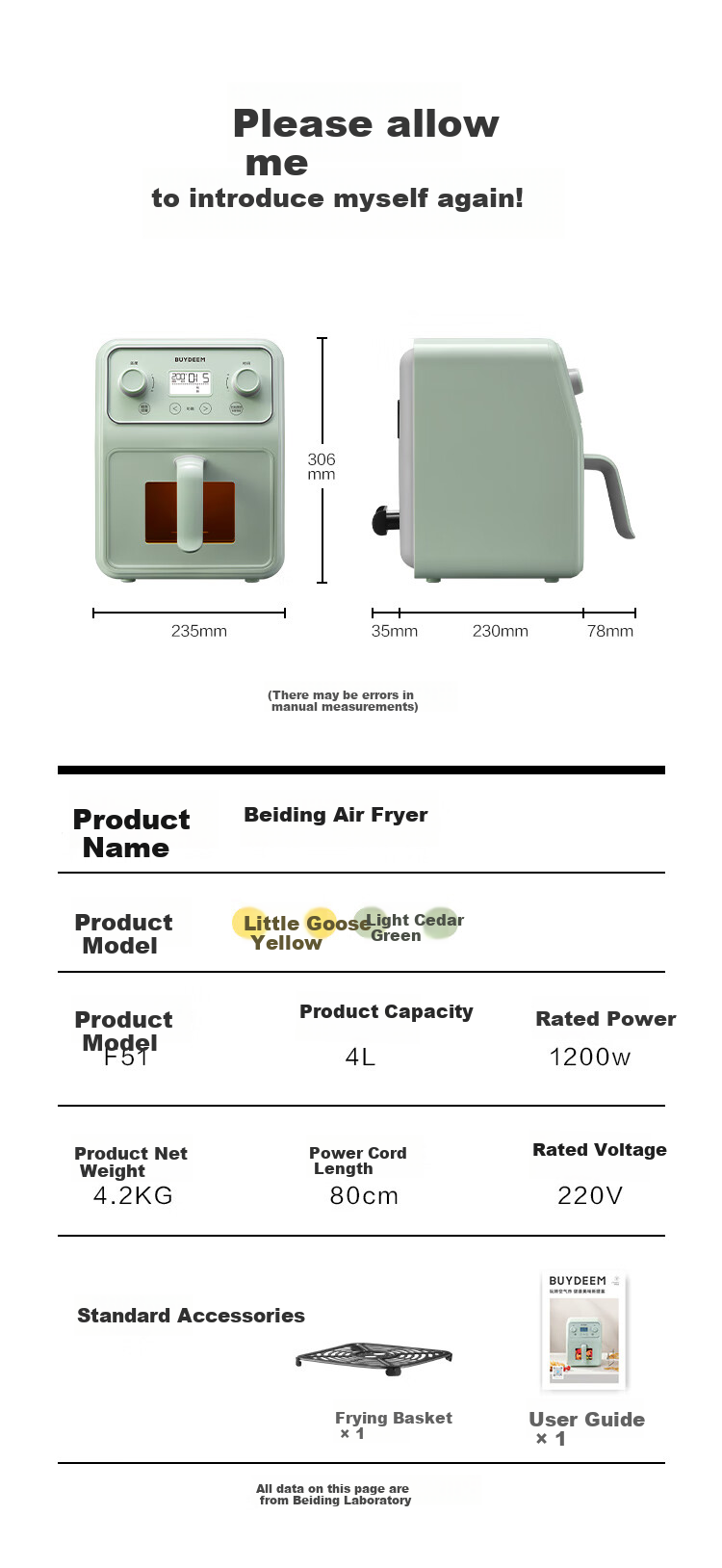Buydeem Air Fryer, Multi-Functional Home Use Oil-Free Fryer, 4L Large Capacity with Visible Window, Healthy Precise Temperature Control Air Fryer F51, Light Pine Gree 17