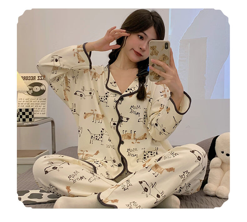 Hug Cotton Women's Pajamas Cartoon V-Neck Cardigan Loose Long Sleeve Long Pants Two-Piece Set Homewear Bear M 6