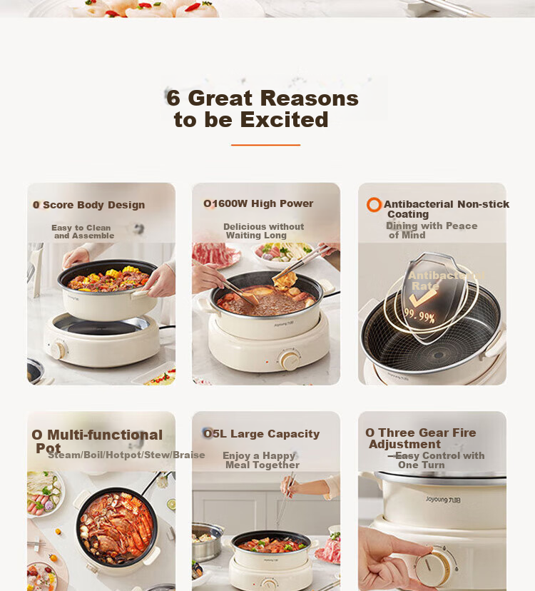 Joyoung Household 5L Large Capacity Electric Hot Pot, Detachable And Washable, Specialized Hot Pot, Electric Cooking Pot, Electric Wok, Multifunctional Non-Stick Pot HG50-G525 7