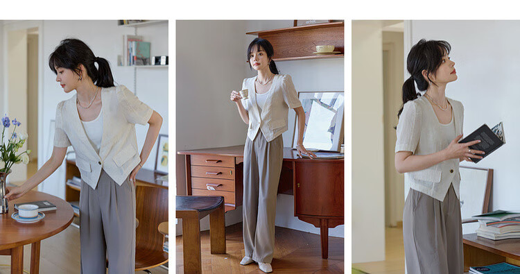 Mt [Row Series Commuter] Minimalist Lyocell Blend Short Sleeve V-Neck Lightweight Short Women's Jacket 1