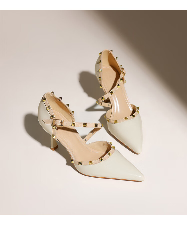 ZHR Rivet High Heels for Women, Elegant Pointed Toe, Socialite Style, Thin Heel Pumps, Sexy Closed-Toe Sandals for Women, IE02, Nude Pink, Size 34 20