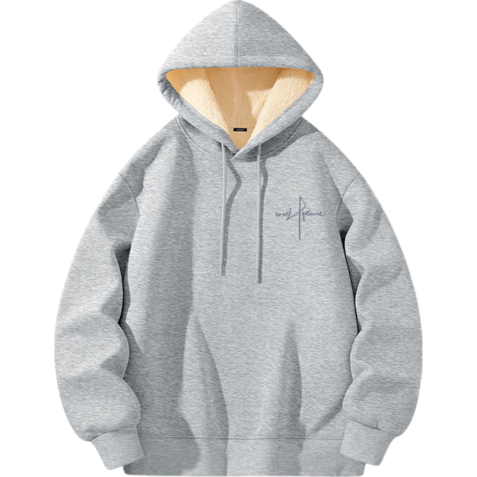 MINISO Thick Lambswool Hoodie for Men, Winter Warm And Cold-Proof Hooded Jacket, Heavyweight Versatile Top, Flax Gray, 2XL