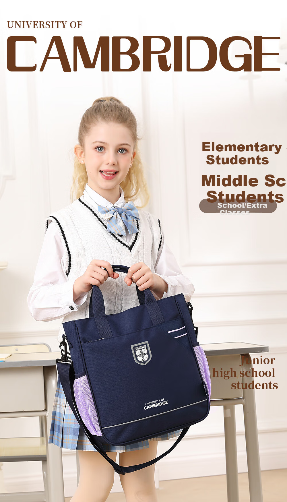 UNIVERSITY OF CAMBRIDGE Cambridge University Tutoring Bag Elementary School Student Crossbody Bag Handbag Girls Children's Art Bag Multifunctional After-School Tutoring Backpack 2