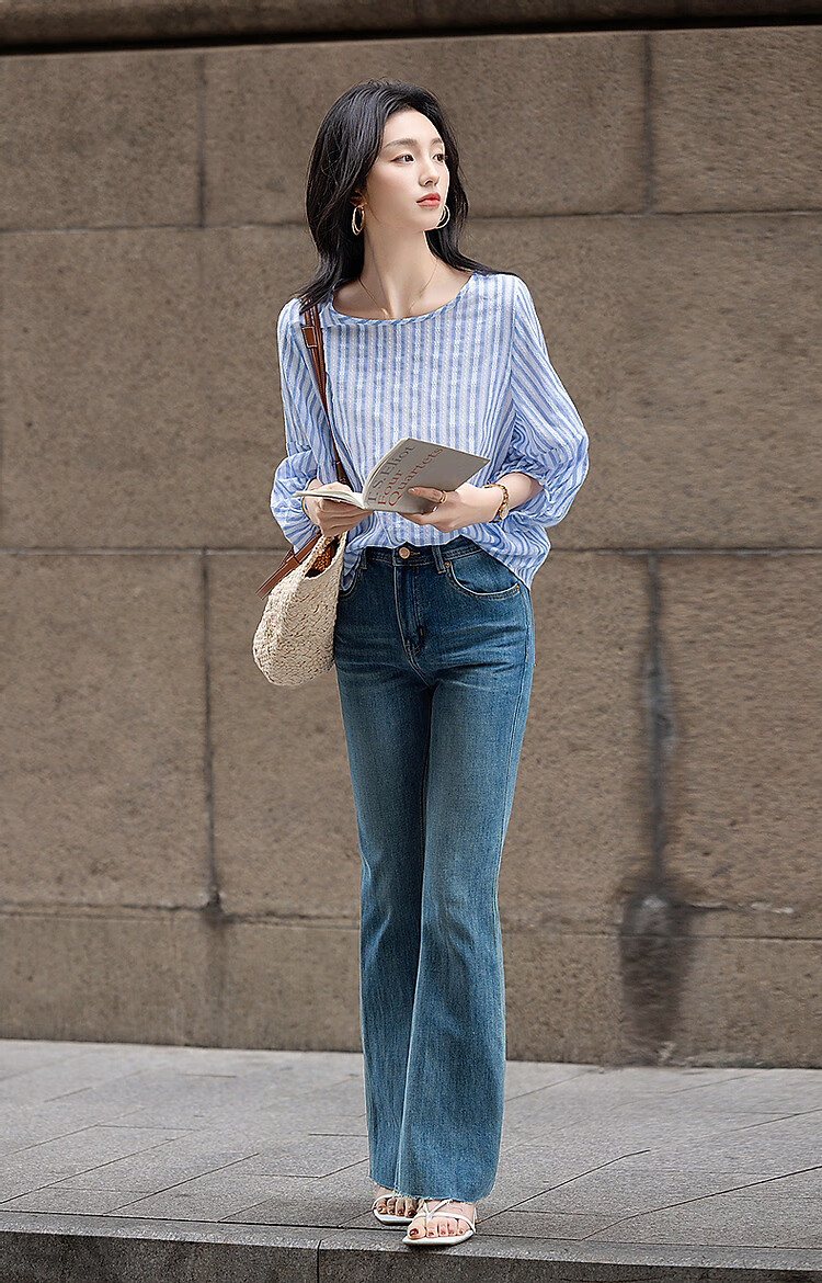 Dme [Pure Cotton Story] Spring Simple Style Hollow Striped Shirt, Artistic Comfortable Concealing Blouse, Women's Top 8