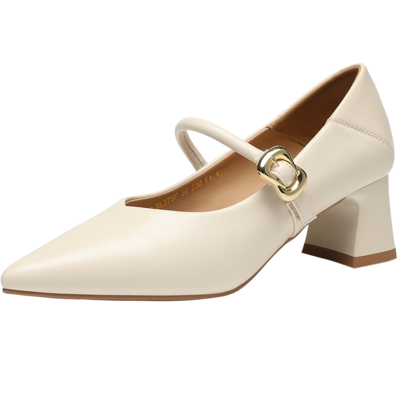 ZHR Zese Mary Jane Women's Pointed Toe Summer Single Shoes Shallow Mouth Chunky Heel One-strap Shoes BL379F Beige 37