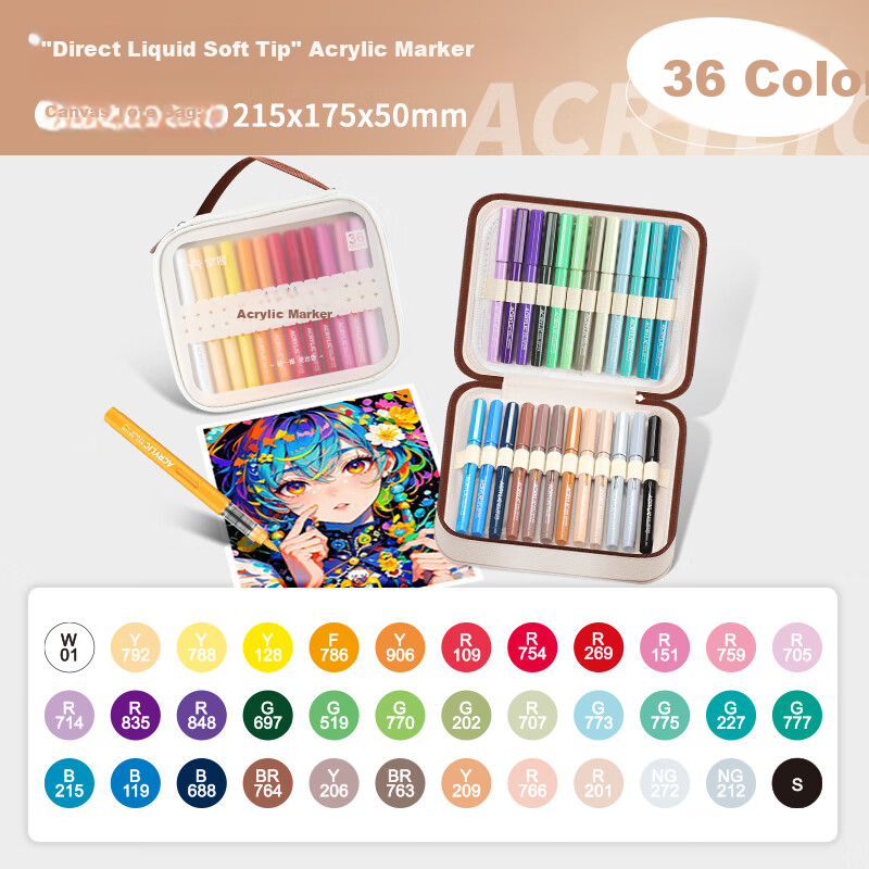 GRASP Direct Liquid Acrylic Markers, 36 Colors, Soft Tip, Skin-Friendly, Washable, Stackable Colors, Large Capacity Ink Control, Watercolor Pens, Instant Camera Paper, Graffiti