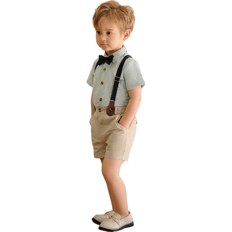 LUOBOBEIBEI Boys' Formal Wear Spring And Summer British Striped Suspender Shorts Shirt Set, Green Long-Sleeve Four-Piece Set, Size 130