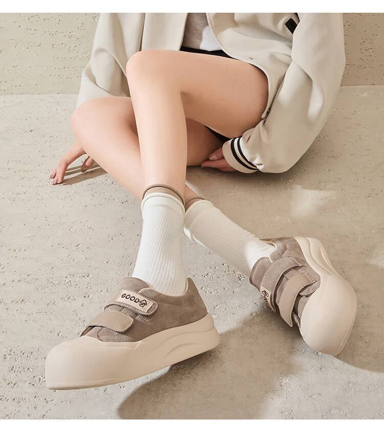Josiny Thick-Soled Mushroom Shoes for Women, Spring And Autumn Soft-Soled Sneakers, Versatile Velcro Casual Shoes, Yellow-Brown, Size 39 10