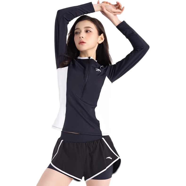 ANTA Slim Waist Swimsuit for Women, 2026 New Style Two-Piece Conservative Long Sleeve Swimwear, Plus Size Hot Spring Swimwear for Curvy Girls, Black And White 2XL
