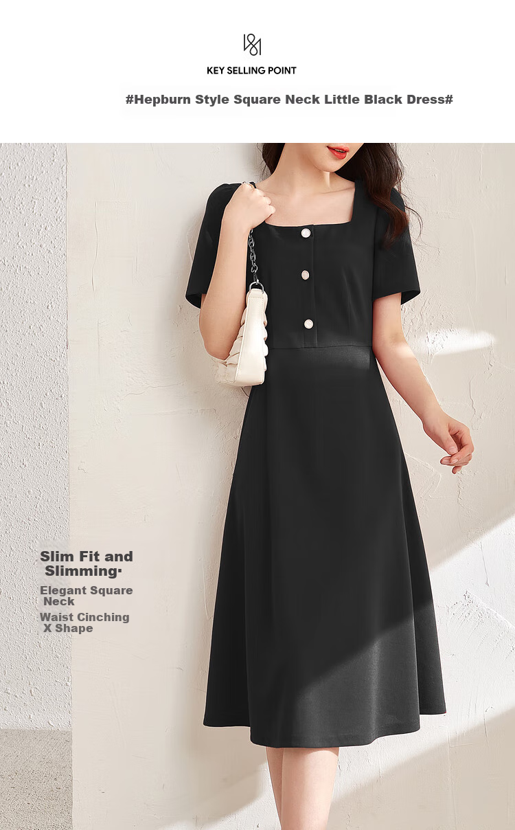 Sentubila Short-Sleeve Dress for Women, Summer Vintage Hepburn Style Elegant Office Dress, Mid-Length A-Line Skirt, Elegant Black, Size S 1