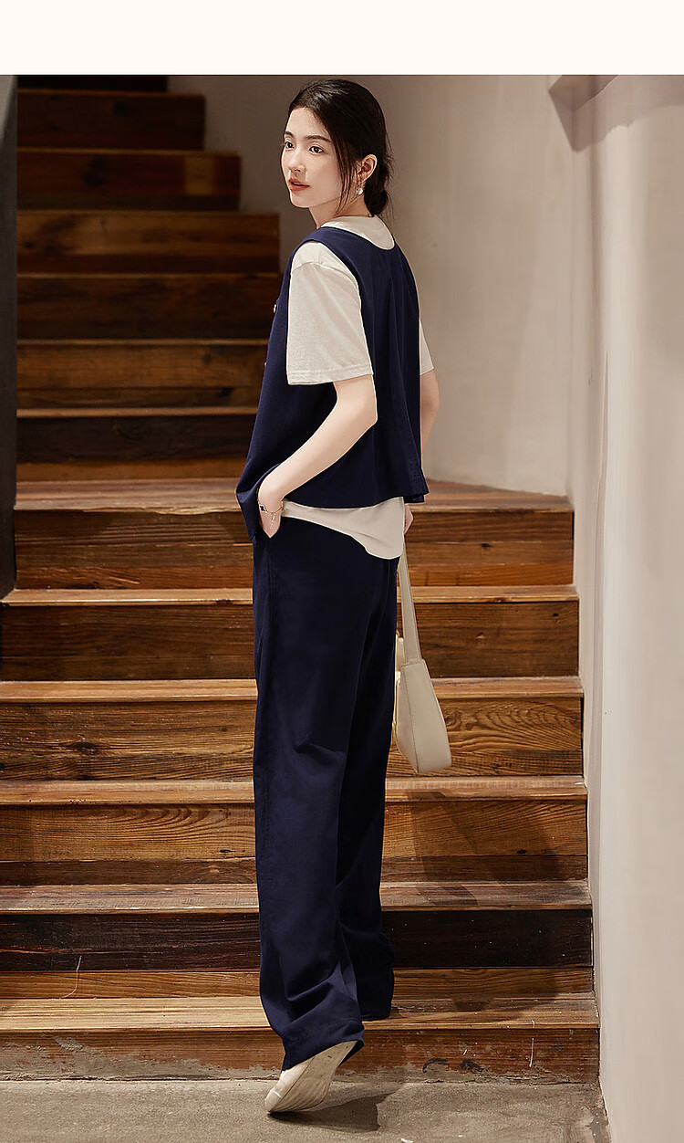 Dme High-Sense CBD Commuter Summer Minimalist Cotton Set Round Neck Vest Elastic Waist Pants Two-Piece Set 24