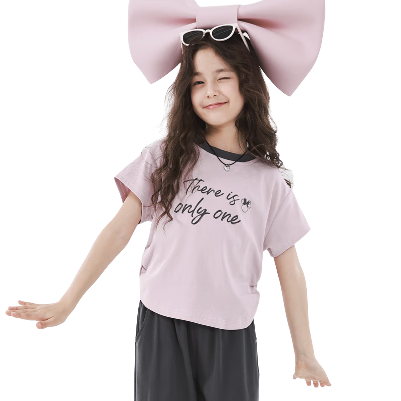Disney Girls' Summer Set Short Sleeve T-Shirt and Long Pants Two-Piece Outfit Big Kids Summer Fashion L1004 Apricot Pink Size 140