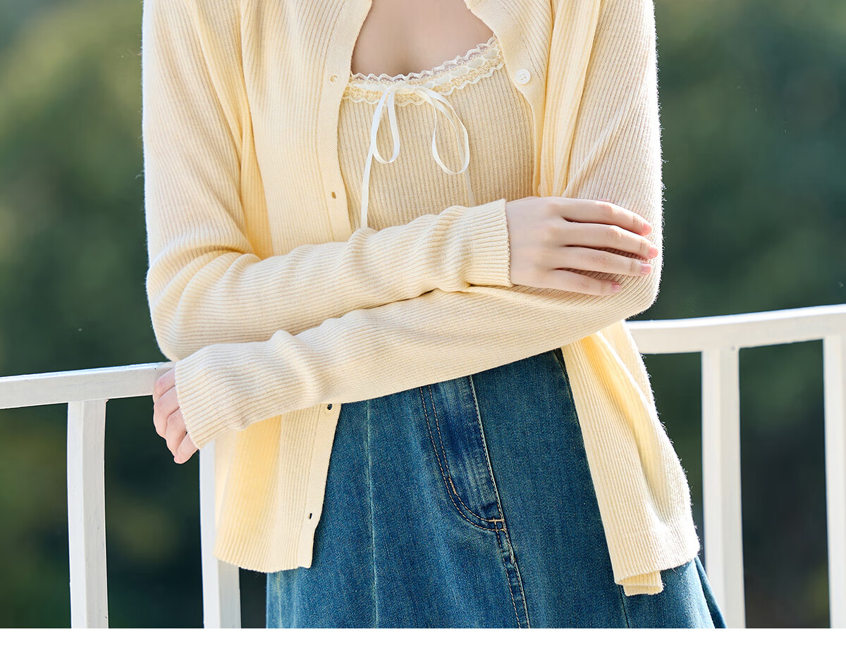 PinCai Knitted Cardigan for Women, Lace Design Inner Vest Two-Piece Set, Thin Knit Outer Jacket P52Z074 27