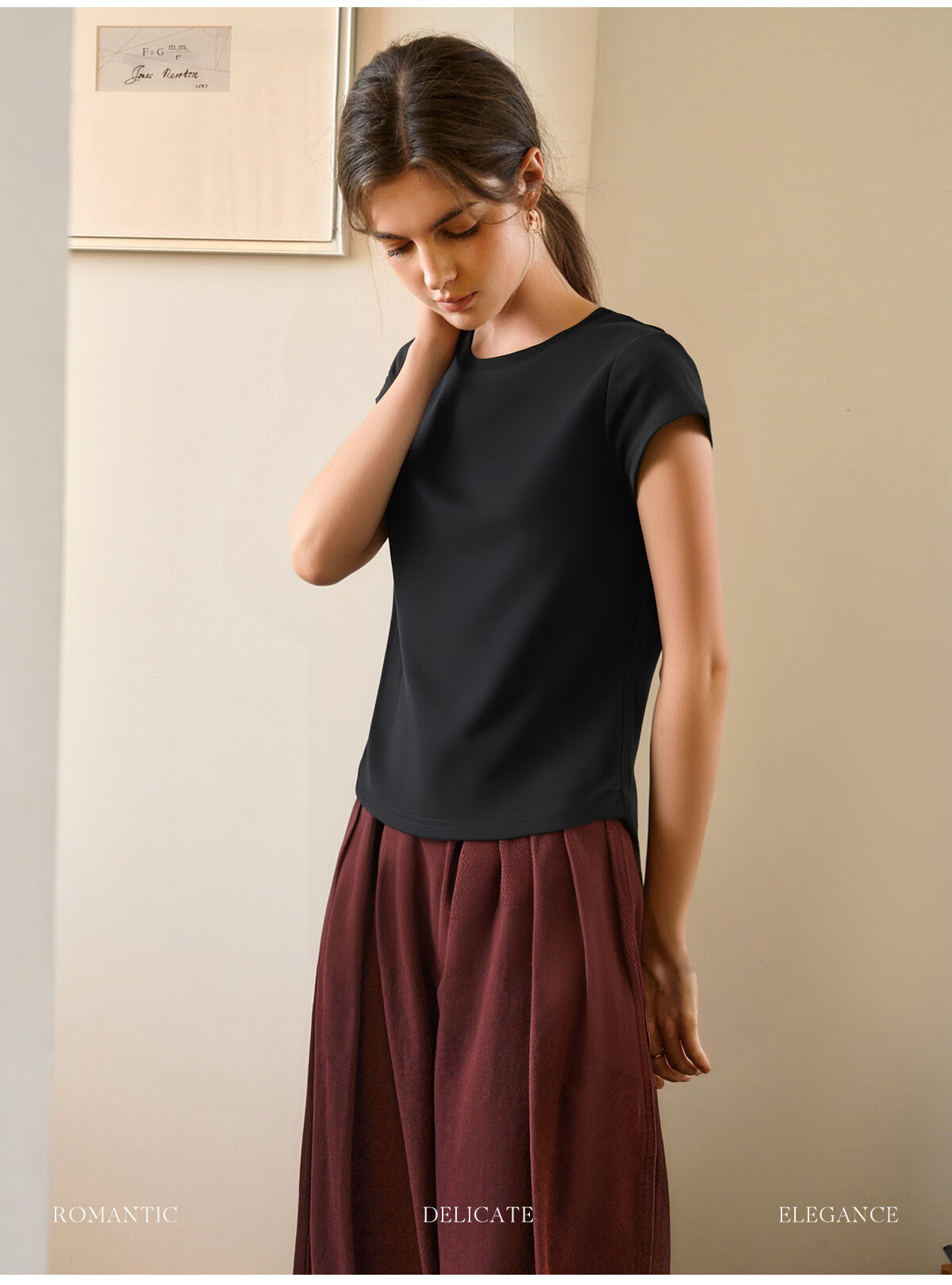 Olrain Oureier Round Neck Simple Versatile T-Shirt Women's Summer Short Sleeve Small Size Top Black M 38