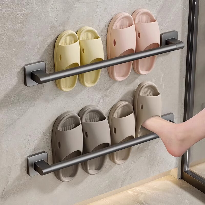 Baihan No-Drill Bathroom Slipper Rack, Draining Rack, Adhesive Wall-Mounted Toilet Storage Rack, Carbon Steel Baked Paint Simple Door-Back Bathroom Towel Rack Storage Hanger