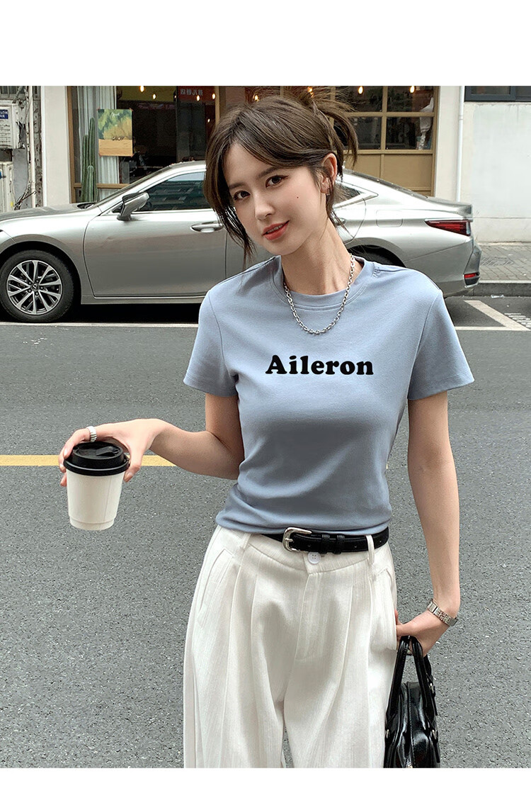 TonLion 2025 Summer Women's Round Neck Short Sleeve T-Shirt with Front Chest Lettering, Casual And Versatile 2