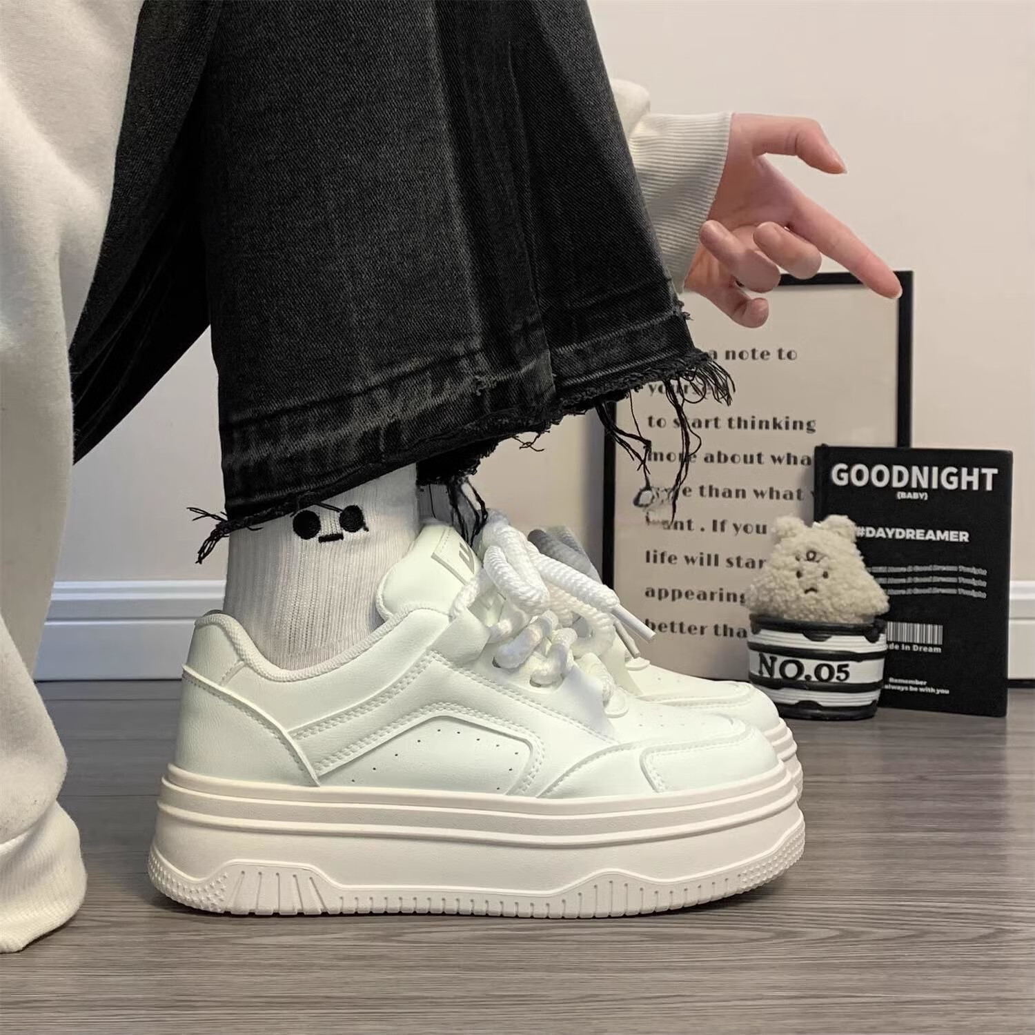 Huili Women's New Platform Sneakers, Thick-Soled Heightening Versatile Classic White Shoes for Women J573Z White 35