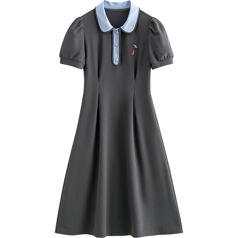 Chuyu Polo Collar Dress, Waist-Cinching Slimming, Women's Summer New Style A-Line Dress, Short-Sleeved T-Shirt Midi Dress, Dark Gray, L