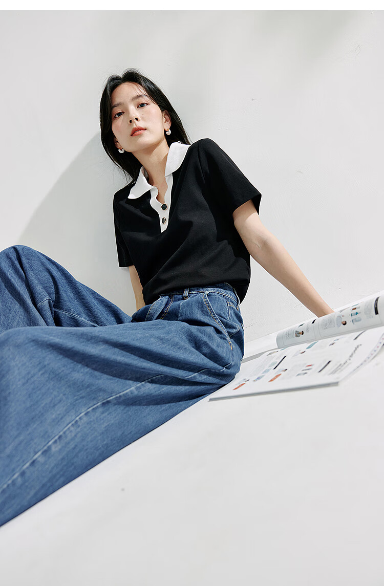 Inman Casual Striped Shoulder T-Shirt Summer Women's Design Polo Collar Slim Fit Short Sleeve Star Black XL 10