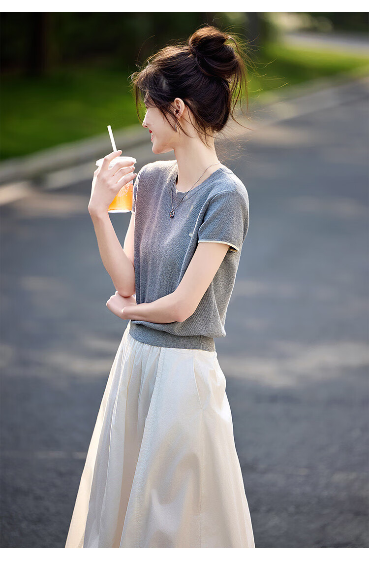 Shangjing Women's Short Sleeve Knit Top Summer New Slim Fit Simple Short T-Shirt for Petite Women 8