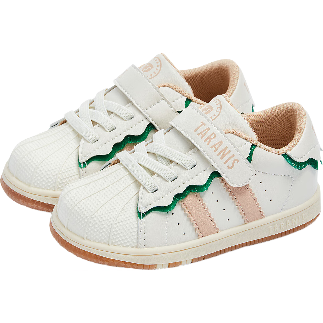 TARANIS Spring Girls' Walking Shoes, Boys' Toddler Anti-Kick Shell Toe Functional Shoes, White/apricot/green, Size 26