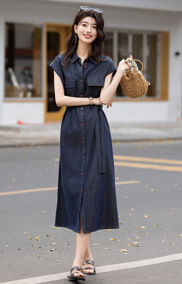 Demana [Goddess of Elegance] Summer Urban Turn-down Collar Patch Pocket Flap Sleeve Belted Mid-length Women's Denim Dress 9