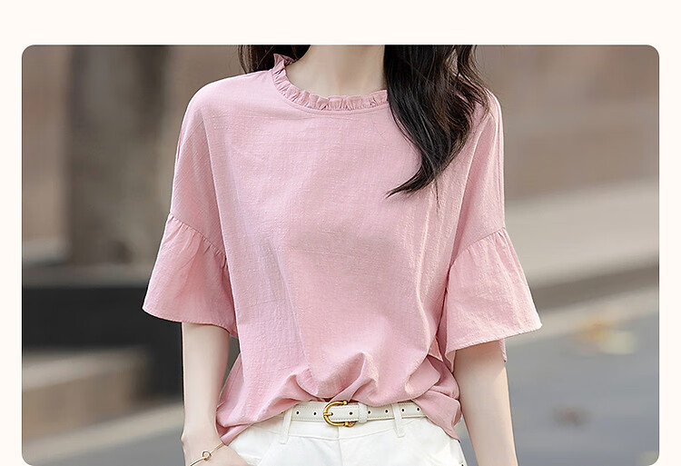 Demana [Skin-friendly Pure Cotton] Summer French Lace Round Neck Ruffle Sleeve Loose Fit Petite Shirt Women's Top 5