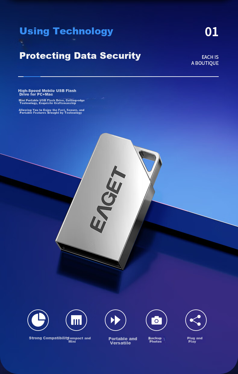 EAGET 64GB USB2.0 Flash Drive U8M Metal Mini Waterproof Portable Creative Personalized Car USB Drive for Study, Office Work And Bidding, Silver 2