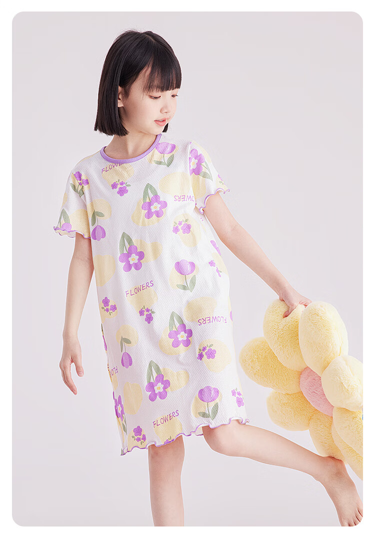 DEESHA Girls' Cotton Nightgown, Breathable Mesh Sleepwear, Lightweight Summer Dress for Young And Older Girls, White with Purple Floral Pattern, Size 110 4