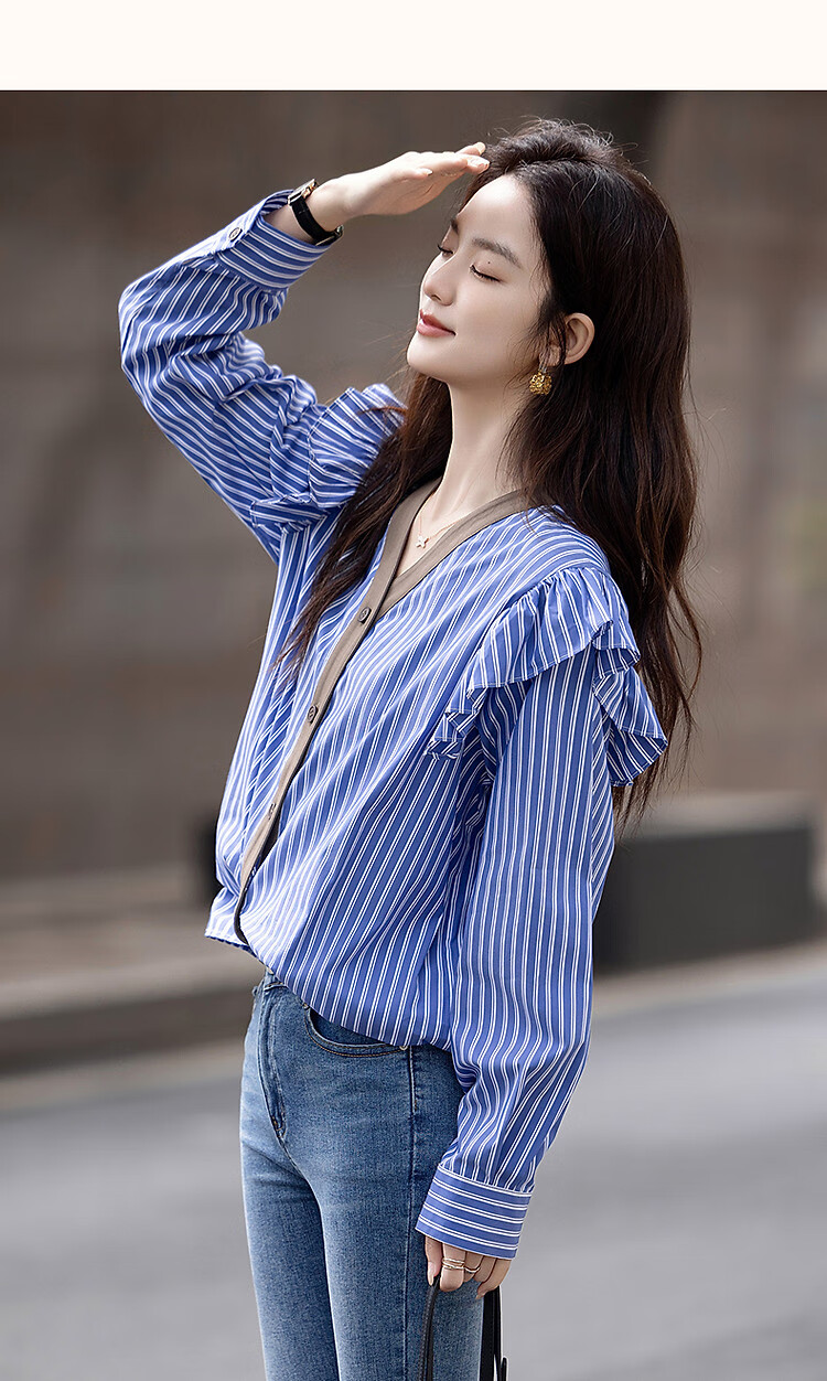 Dme [Straight to the Sky], Autumn Design V-Neck Striped Cotton Shirt, Patchwork Flutter Sleeves, Loose Blouse, Women's Top 13