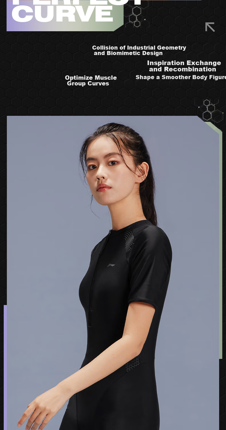 Li-Ning Women's Short-Sleeve Conservative Knee-Length Swimsuit, Training Plus Size Slimming Hot Spring Swimwear 0211 Black XL 5