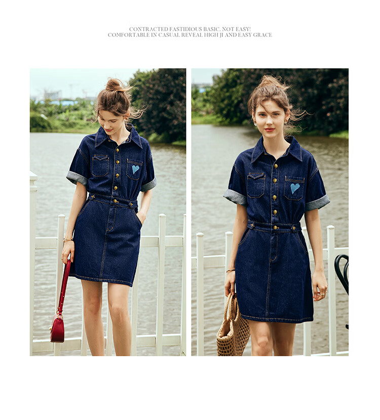 Olrain Short-Sleeve Denim Dress, Summer Women's Wear, Waist-Cinching Slimming Thin Commuter Dress, Light Blue, L 17