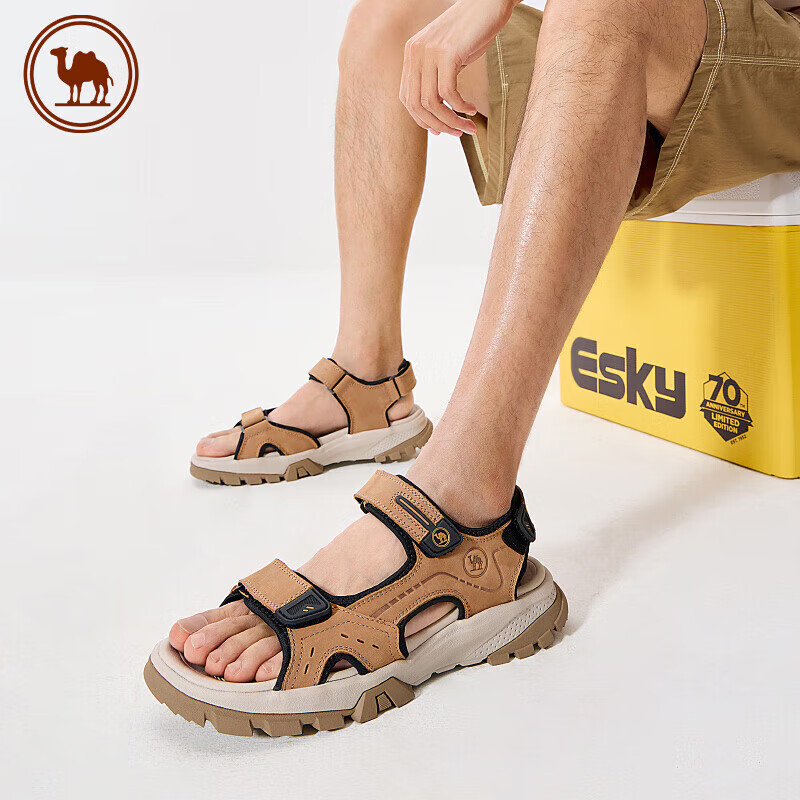 CAMEL Brand Outdoor Beach Sandals for Men, Breathable Casual Shoes, Dual-Use Slip-On Slippers, P15M307026, Camel Color, Size 42