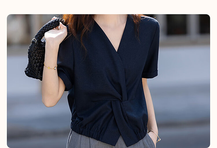 Dme [Straight to The Sky] Autumn TR Bright Silk Faux Denim Shirt with Twisted Elastic Hem, Women's Top 4