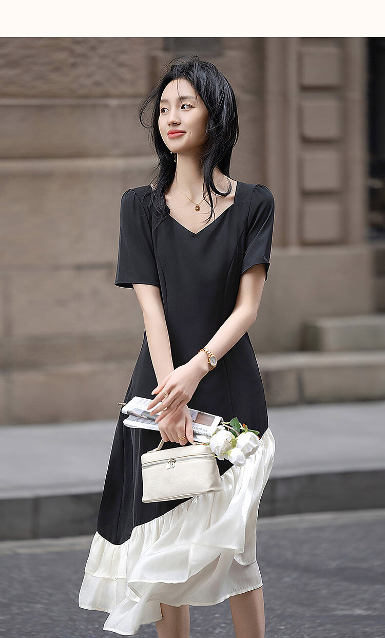 Dme [80D Random Mesh] Elegant Spliced Waist-Cinching Fish Tail Umbrella Skirt Short-Sleeve Contrasting Color Concealing Women's Dress 7