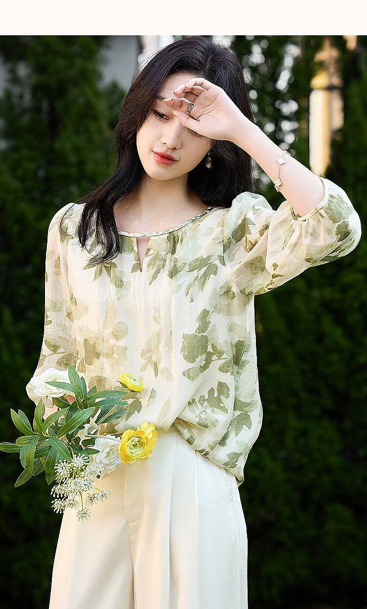 Dme [Zhi Ci Qinglu] Summer Artistic Style Lyocell Printed Shirt, Natural Comfortable Flowy Blouse, Women's Top 10