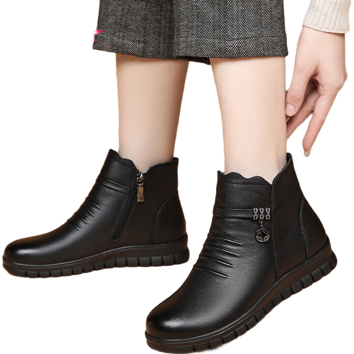 RED DRAGONFLY Women's Short Boots with Fleece Lining, Warm Snow Boots, Middle-Aged And Elderly Cotton Leather Shoes, Flat Cowhide Cotton Shoes WTC428791 Black Size 36