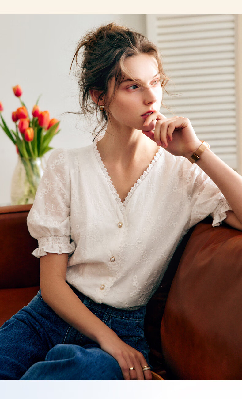 Olrain [Exquisite Small Flower Embroidery Lace Blouse], V-Neck Shirt, Summer Women's Top, Elegant Commuter Wear, White, M 7
