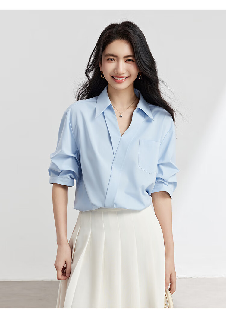 Bodexiaojie Blue Stylish Luxury V-Neck Shirt for Women, Summer Commute Short-Sleeve Top, Professional Petite Interview Blouse, XL 10