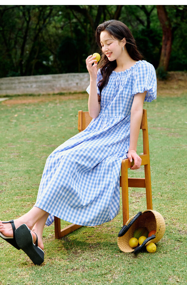 INMAN French Plaid Dress Summer Women's Versatile Puff Sleeve A-Line Skirt Navy Blue S 30