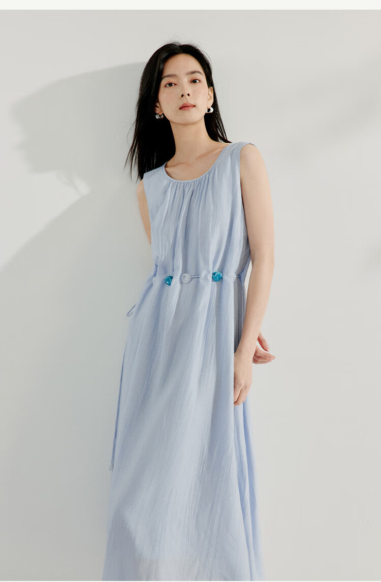 INMAN French Vacation Style Beaded Dress 2026 Spring New Niche Pleated Sleeveless Dress Blue XL 14