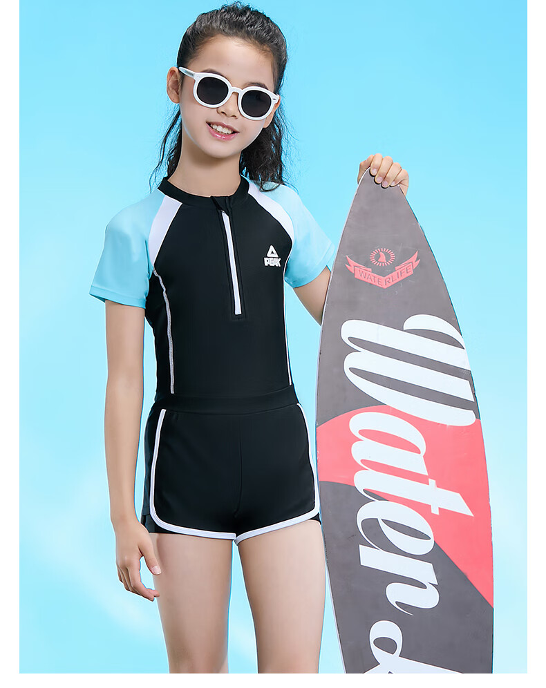PEAK Kids Girls Colorblock Short Sleeve One-Piece Square Leg Conservative Casual Swimsuit Black Size 130 11