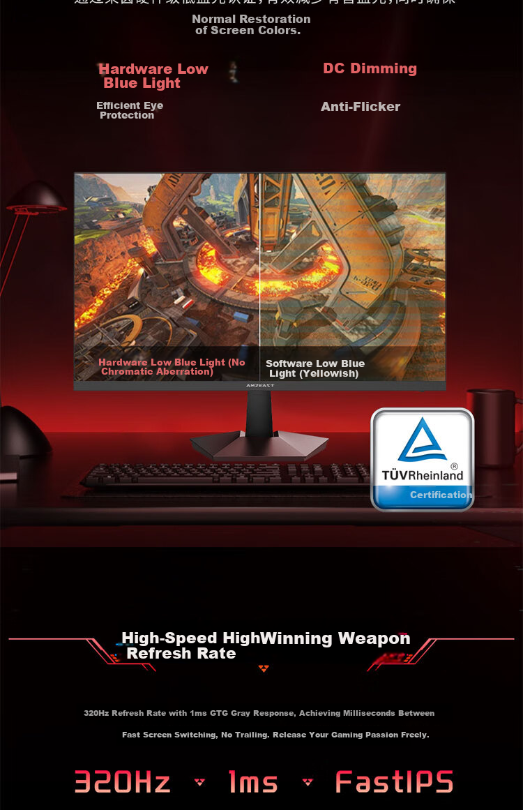 AMZFAST 24.5-Inch 2K 320Hz High Refresh Rate Gaming Monitor, FastIPS Hardware Low Blue Light 1ms HDR400 Height Adjustable Rotating Computer Screen, Fengrui S25F6 5